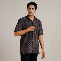 Black - Ajrakh Block Printed Cotton Men Half Sleeve Shirt 08