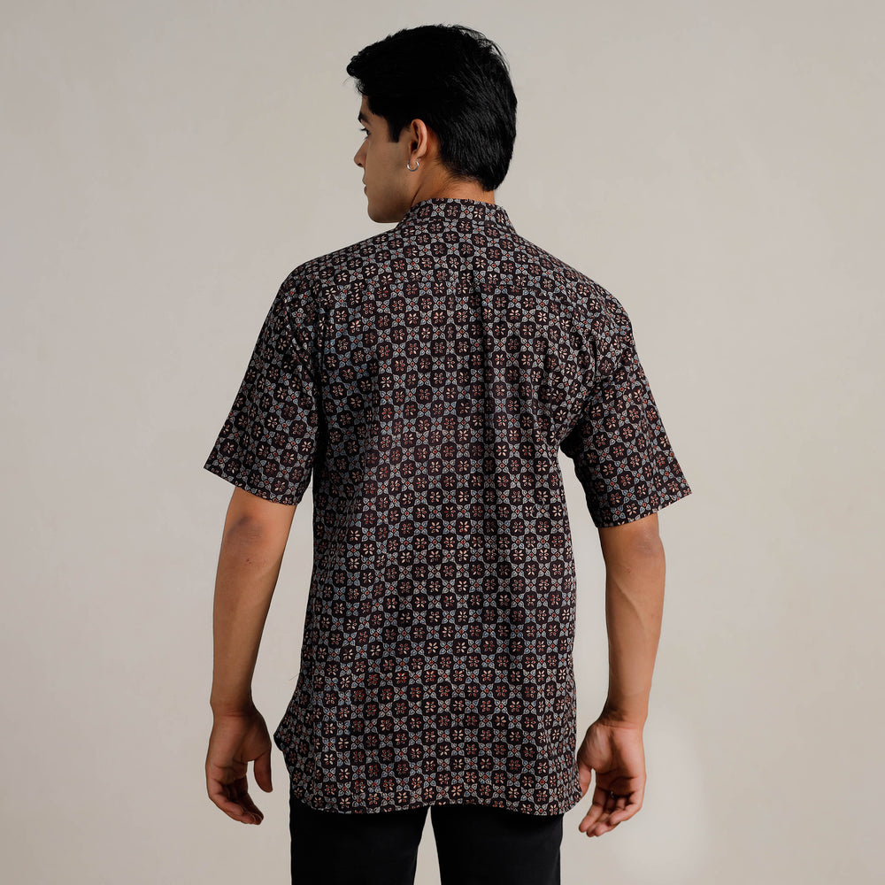 Black - Ajrakh Block Printed Cotton Men Half Sleeve Shirt 08