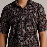 Black - Ajrakh Block Printed Cotton Men Half Sleeve Shirt 08