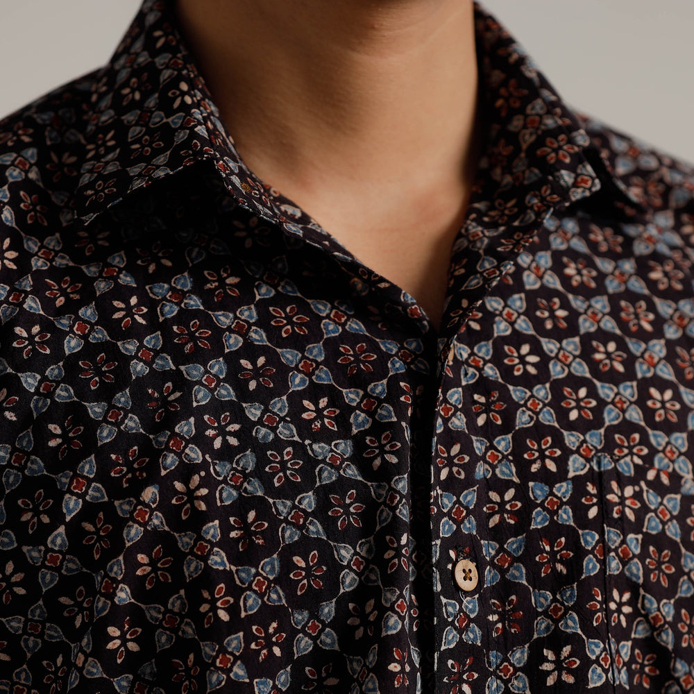 Black - Ajrakh Block Printed Cotton Men Half Sleeve Shirt 08