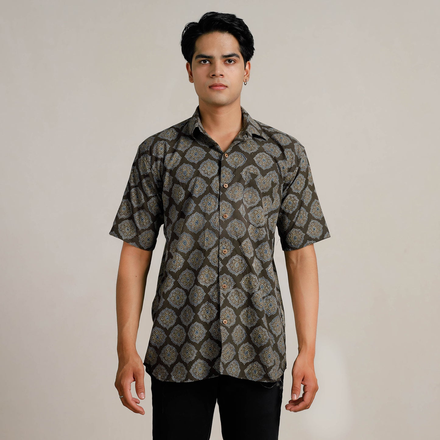 Black - Ajrakh Block Printed Cotton Men Half Sleeve Shirt 05