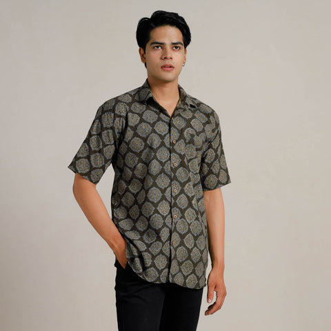 Black - Ajrakh Block Printed Cotton Men Half Sleeve Shirt 05