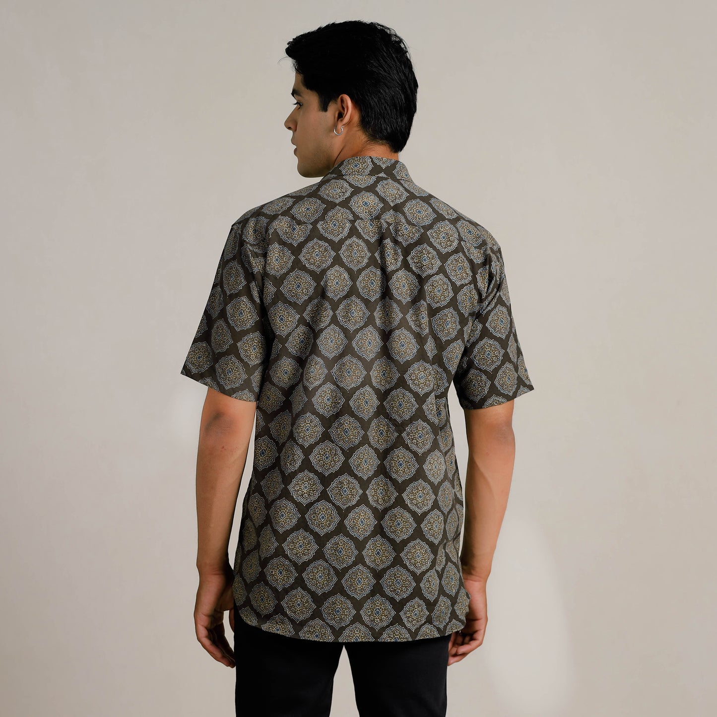 Black - Ajrakh Block Printed Cotton Men Half Sleeve Shirt 05
