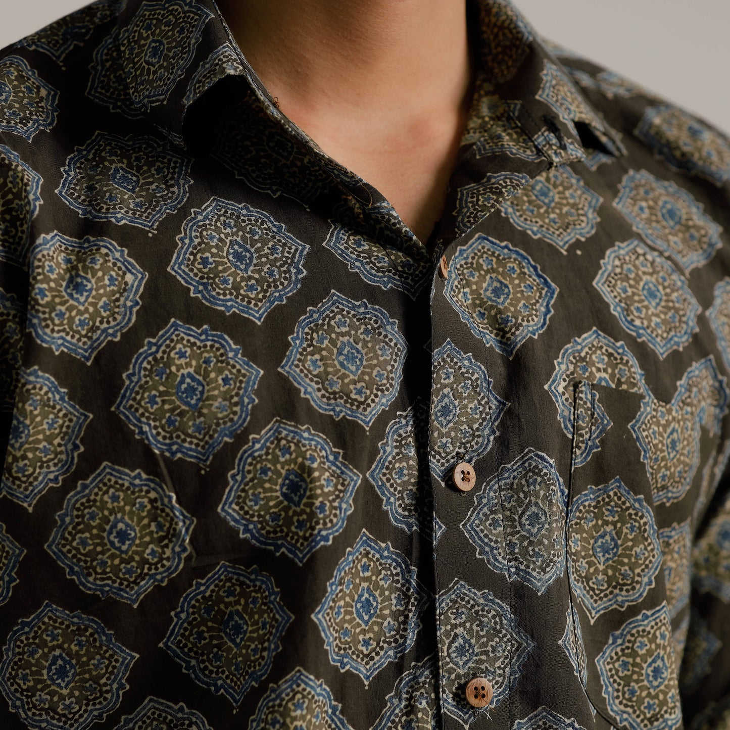 Black - Ajrakh Block Printed Cotton Men Half Sleeve Shirt 05