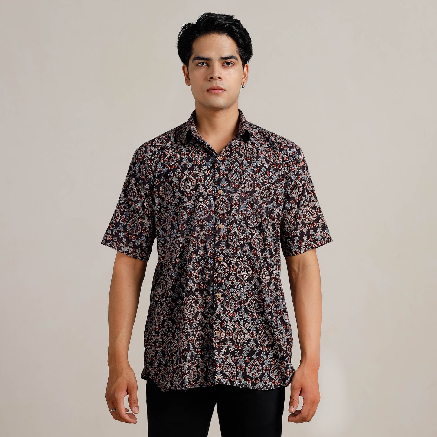 Black - Ajrakh Block Printed Cotton Men Half Sleeve Shirt 01
