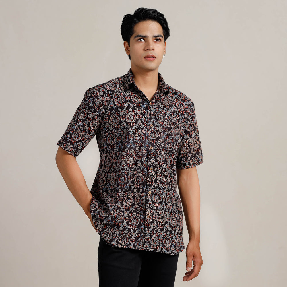 Black - Ajrakh Block Printed Cotton Men Half Sleeve Shirt 01