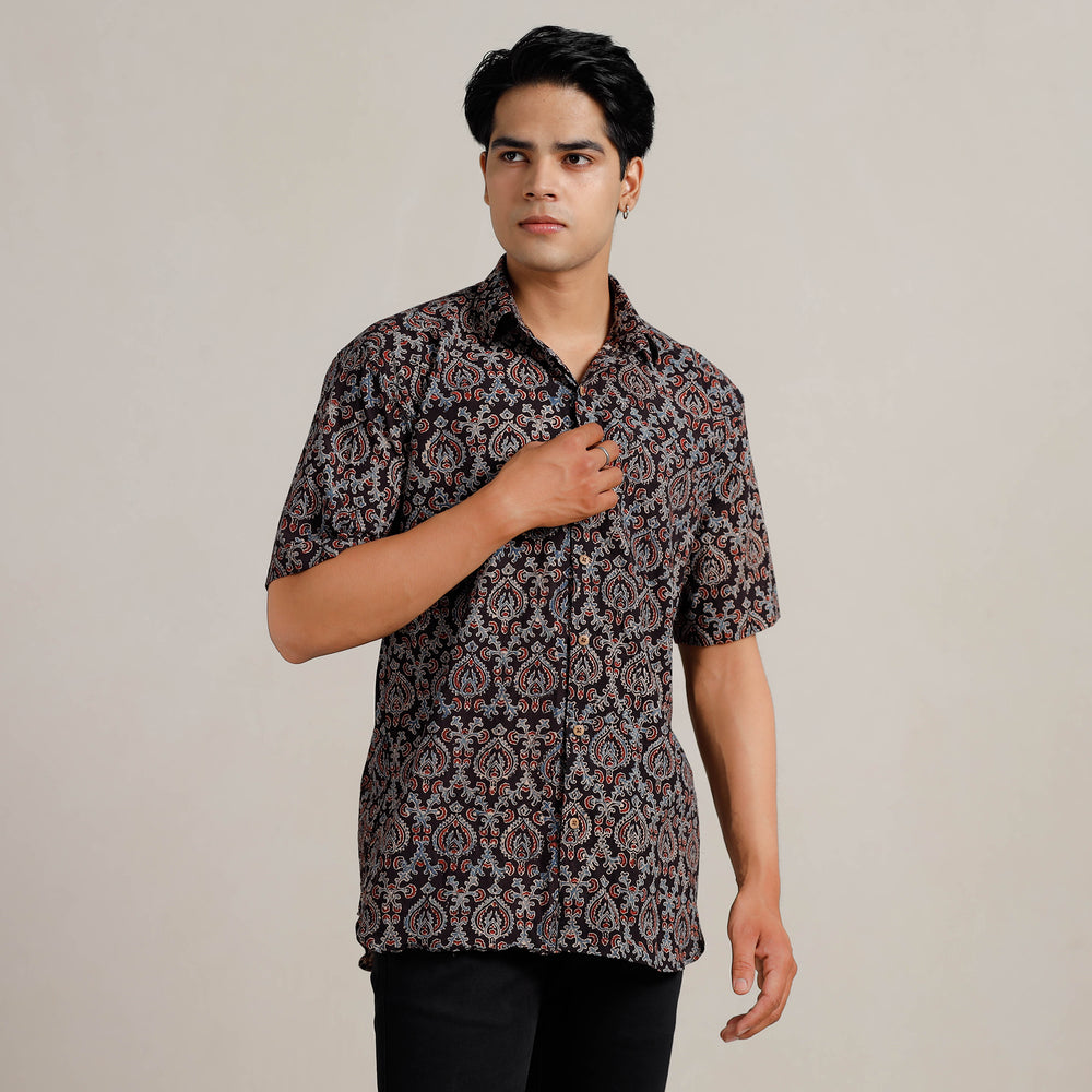 Black - Ajrakh Block Printed Cotton Men Half Sleeve Shirt 01