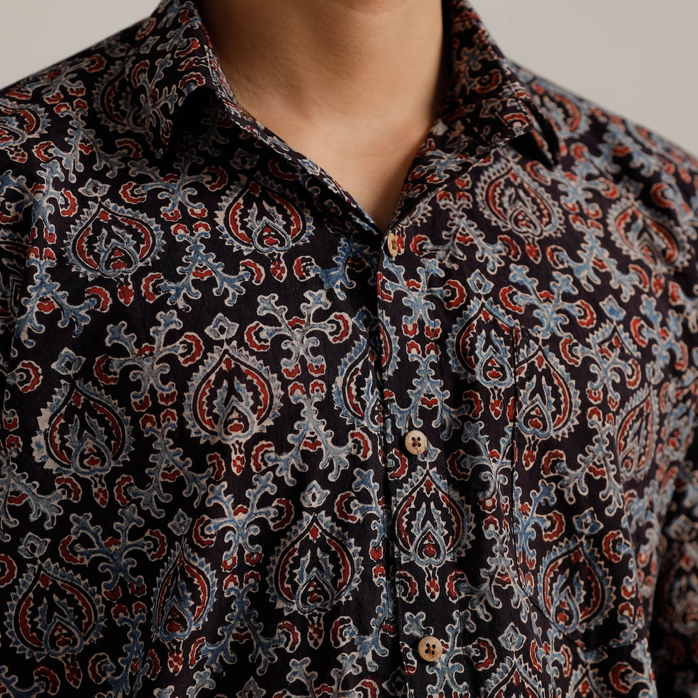 Black - Ajrakh Block Printed Cotton Men Half Sleeve Shirt 01