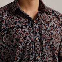 Black - Ajrakh Block Printed Cotton Men Half Sleeve Shirt 01