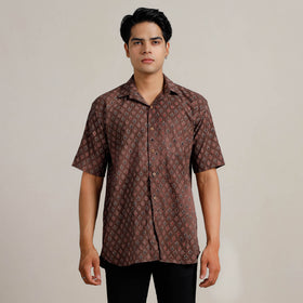 Brown - Ajrakh Block Printed Cotton Men Half Sleeve Shirt 04