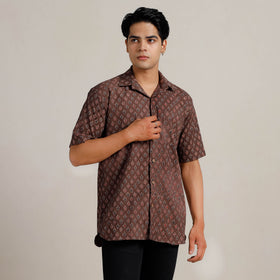 Brown - Ajrakh Block Printed Cotton Men Half Sleeve Shirt 04