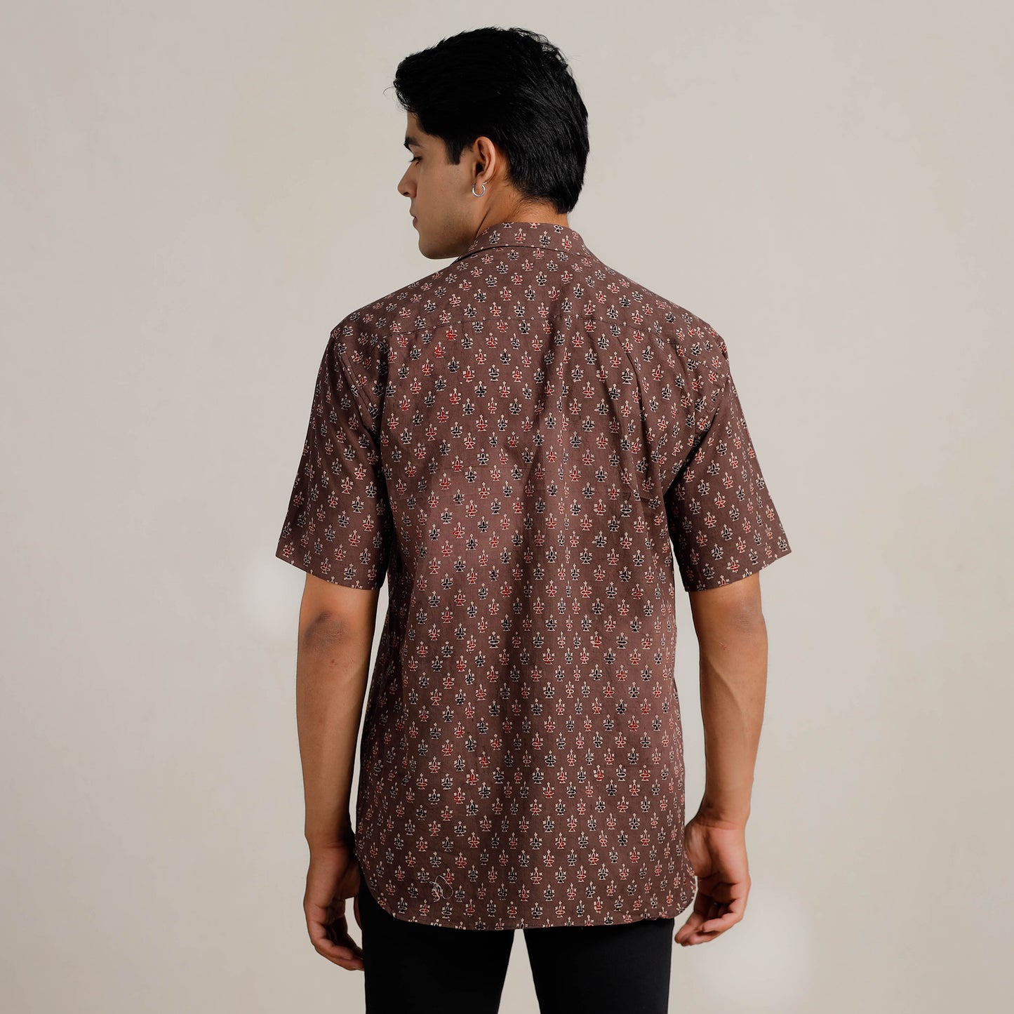 Brown - Ajrakh Block Printed Cotton Men Half Sleeve Shirt 04