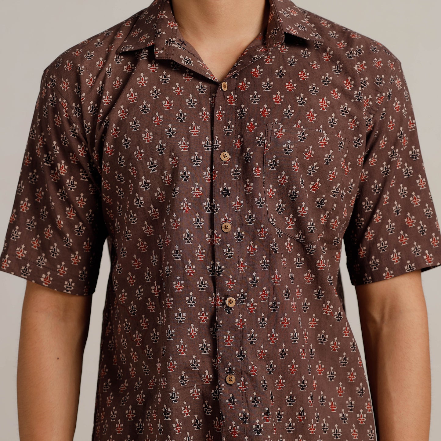 Brown - Ajrakh Block Printed Cotton Men Half Sleeve Shirt 04