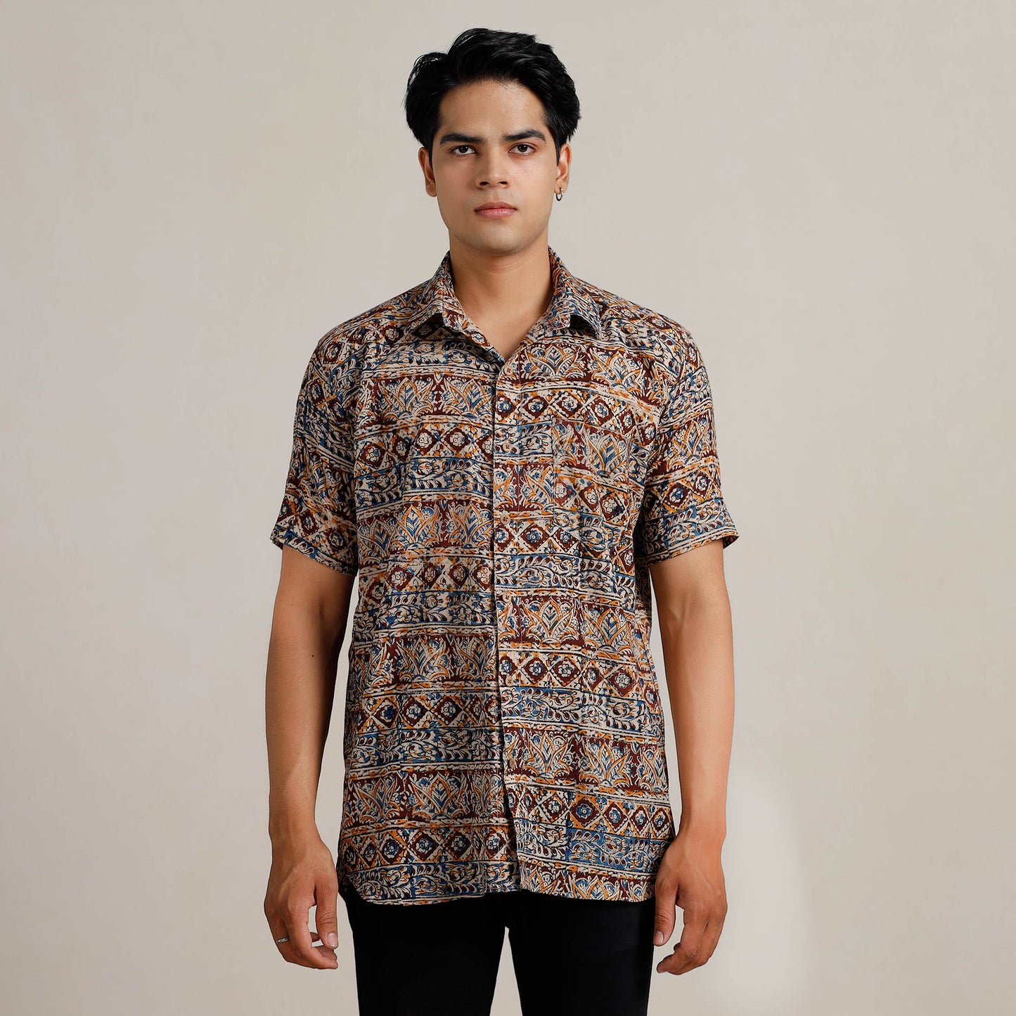 Multicolor - Kalamkari Block Printed Cotton Men Half Sleeve Shirt 03