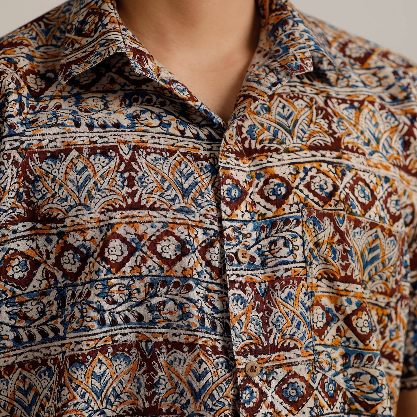 Multicolor - Kalamkari Block Printed Cotton Men Half Sleeve Shirt 03