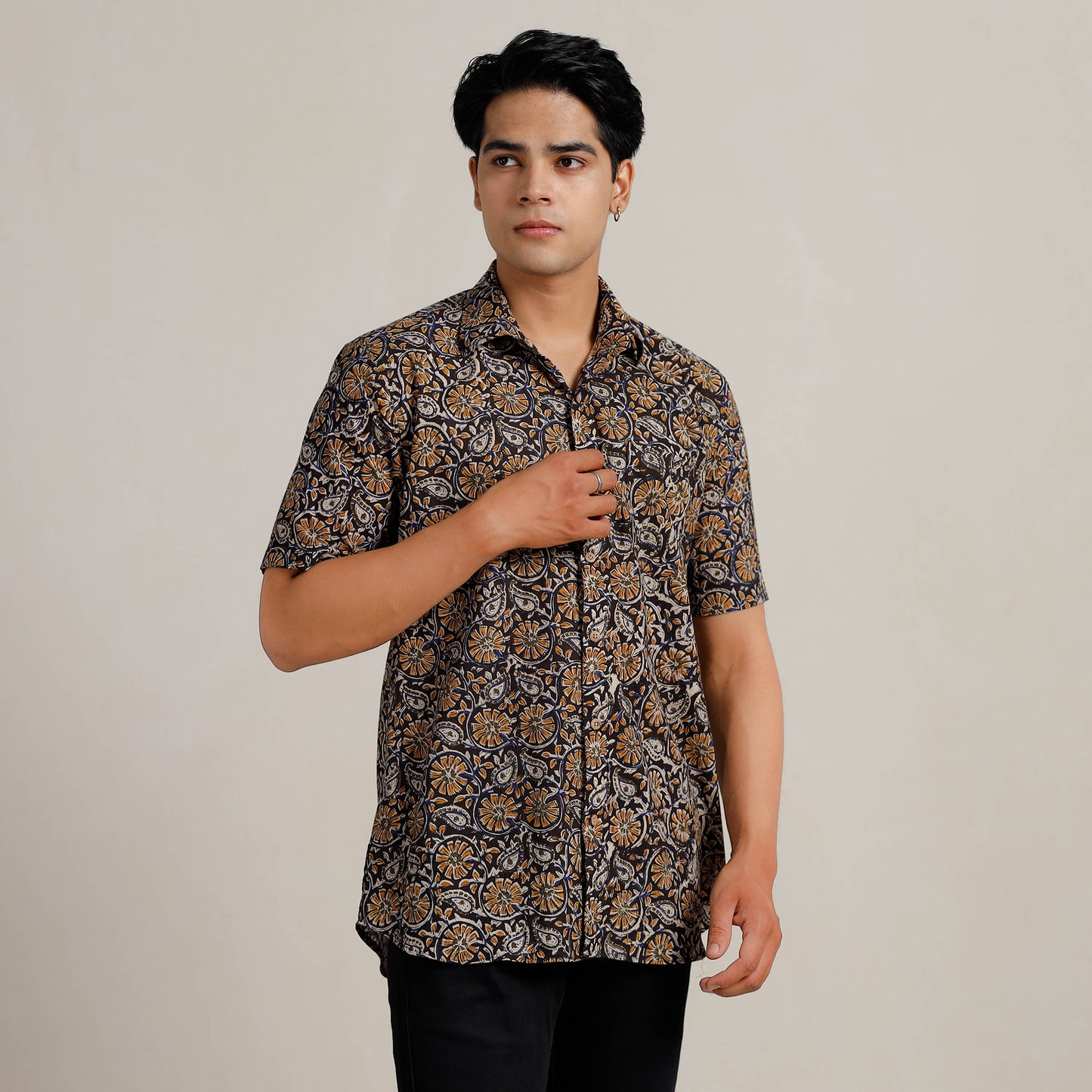 Multicolor - Bagru Block Printed Cotton Men Half Sleeve Shirt 05