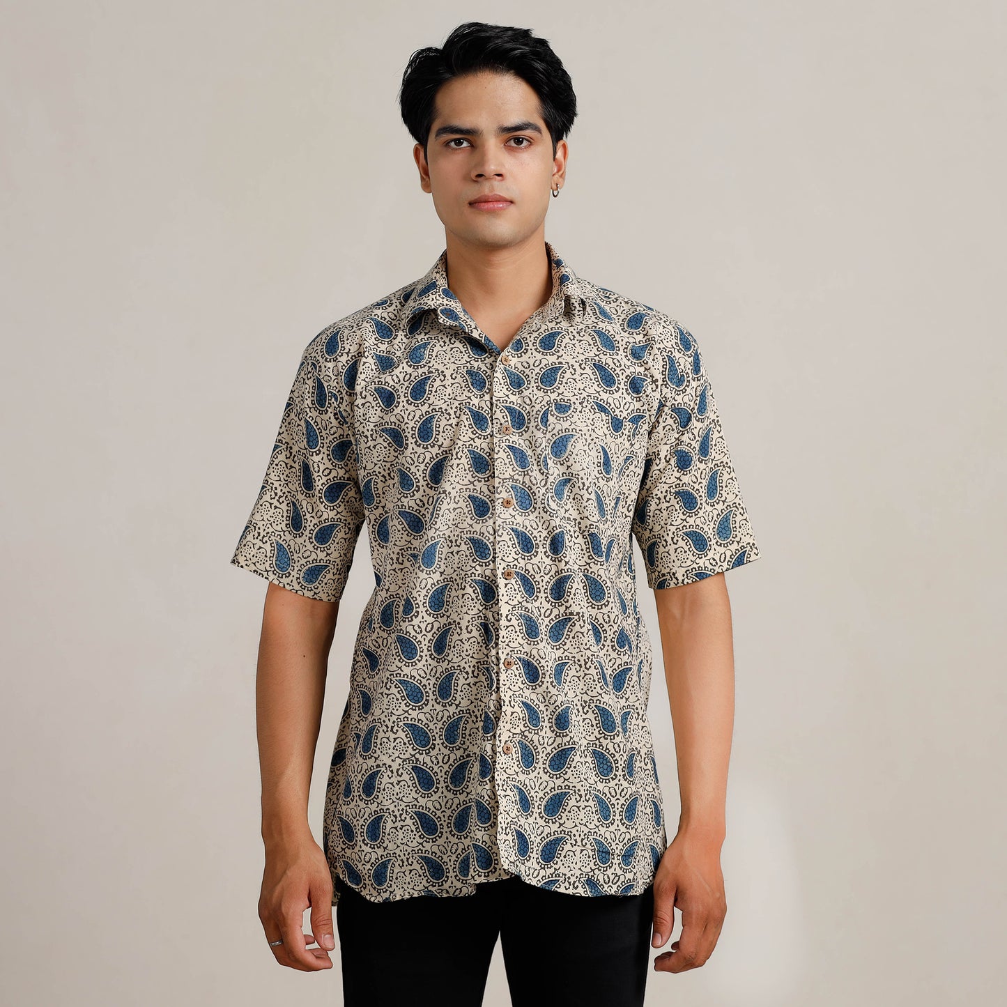 Grey - Kalamkari Block Printed Cotton Men Half Sleeve Shirt 10
