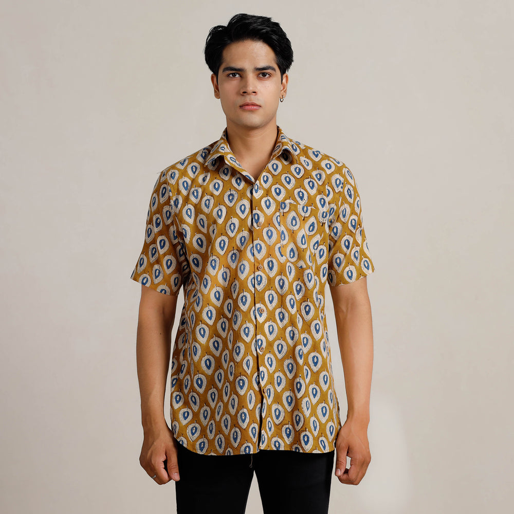 Brown - Bagru Block Printed Cotton Men Half Sleeve Shirt 02