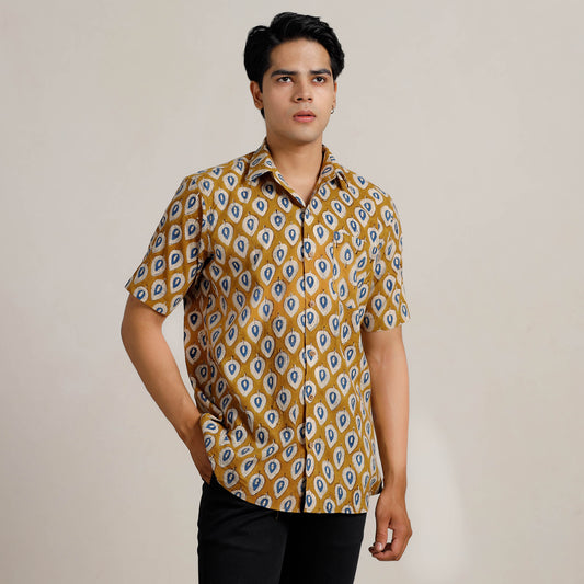 Brown - Bagru Block Printed Cotton Men Half Sleeve Shirt 02