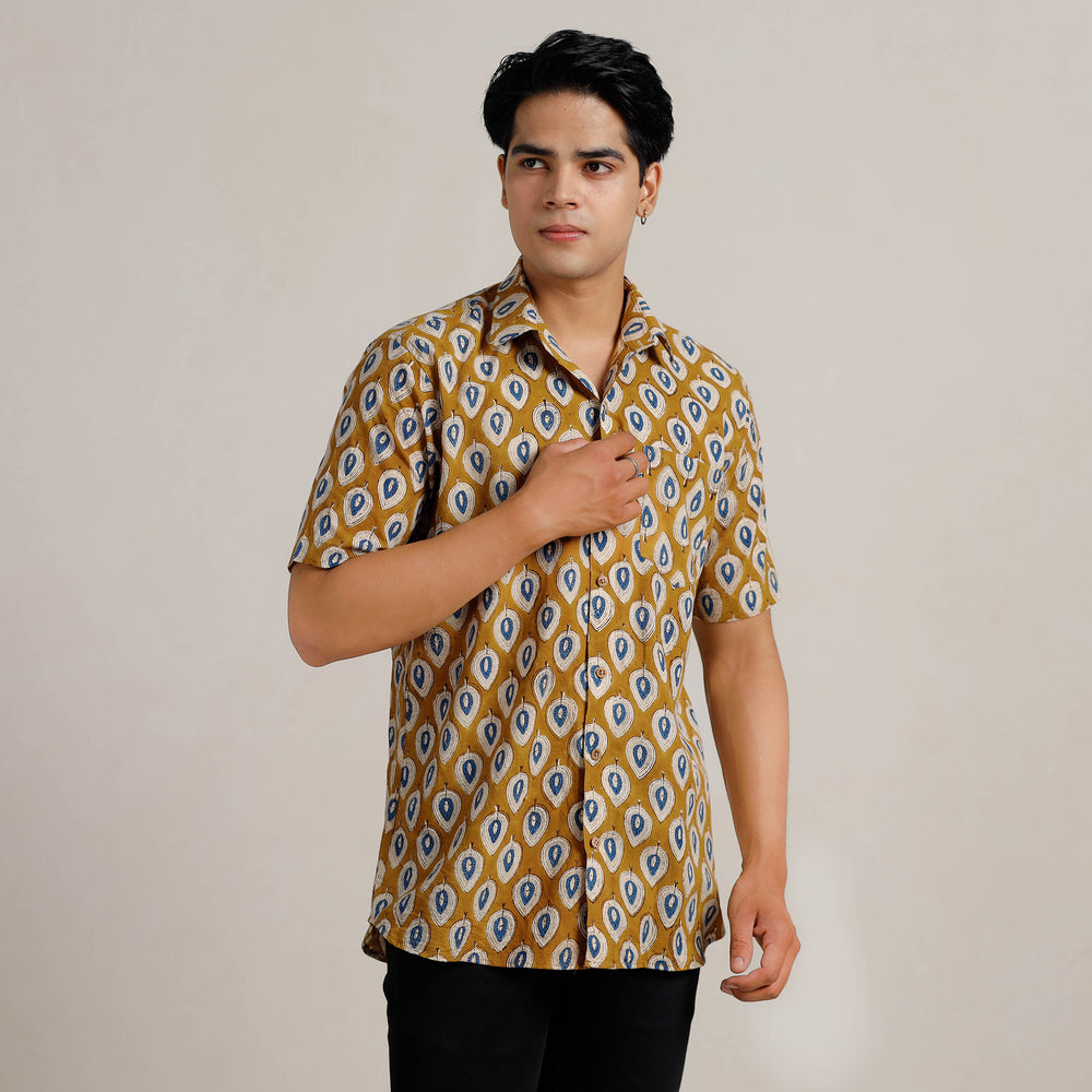 Brown - Bagru Block Printed Cotton Men Half Sleeve Shirt 02