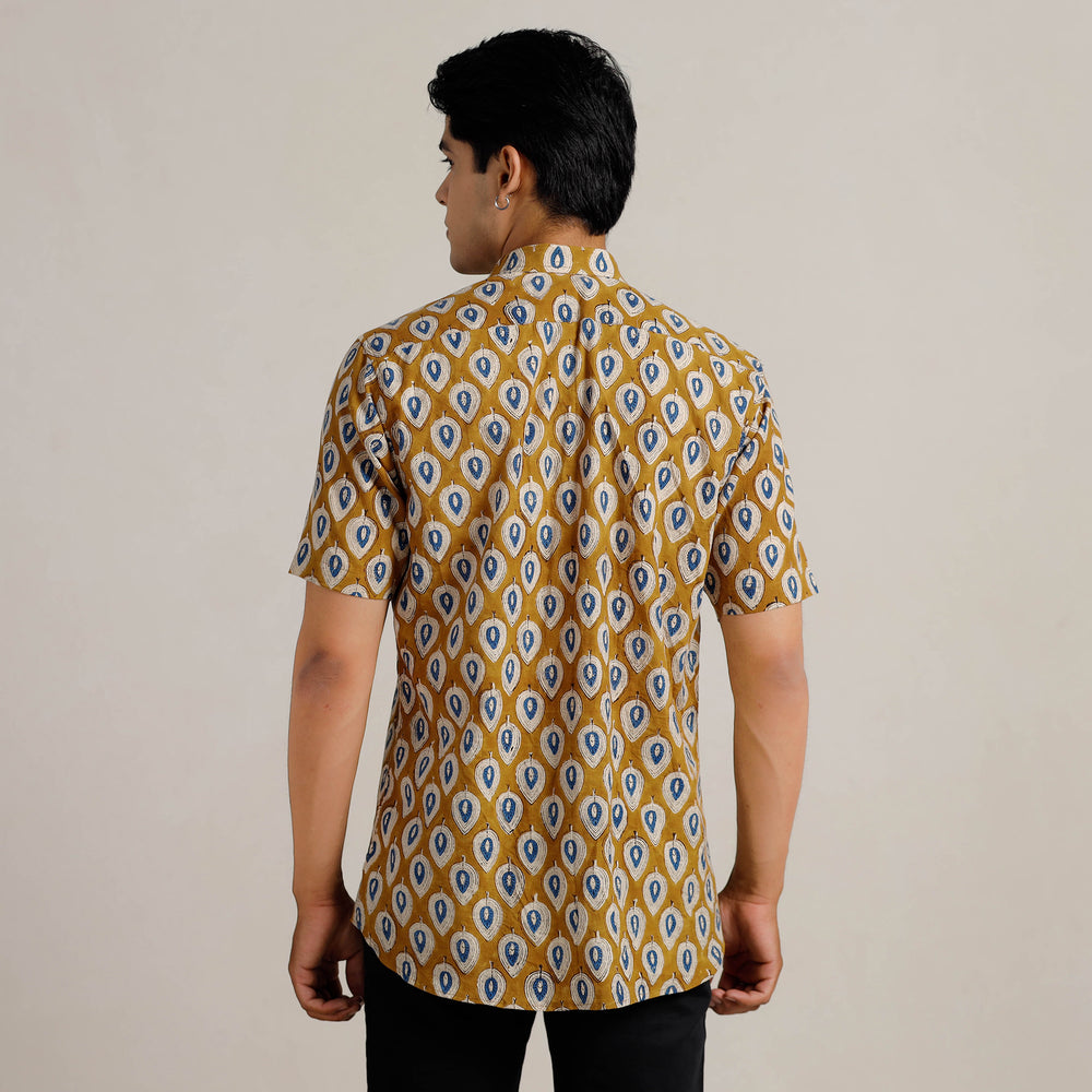 Brown - Bagru Block Printed Cotton Men Half Sleeve Shirt 02