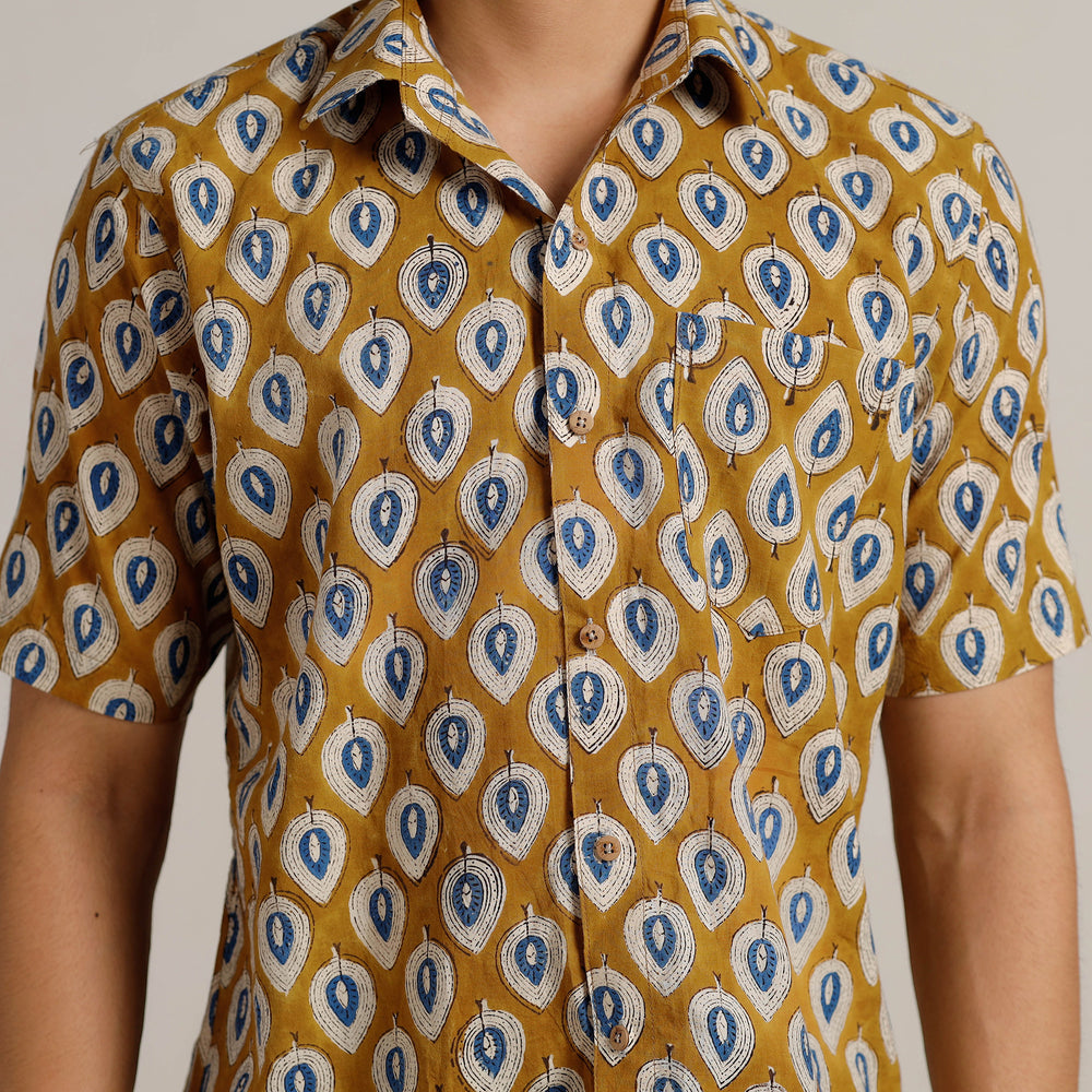 Brown - Bagru Block Printed Cotton Men Half Sleeve Shirt 02