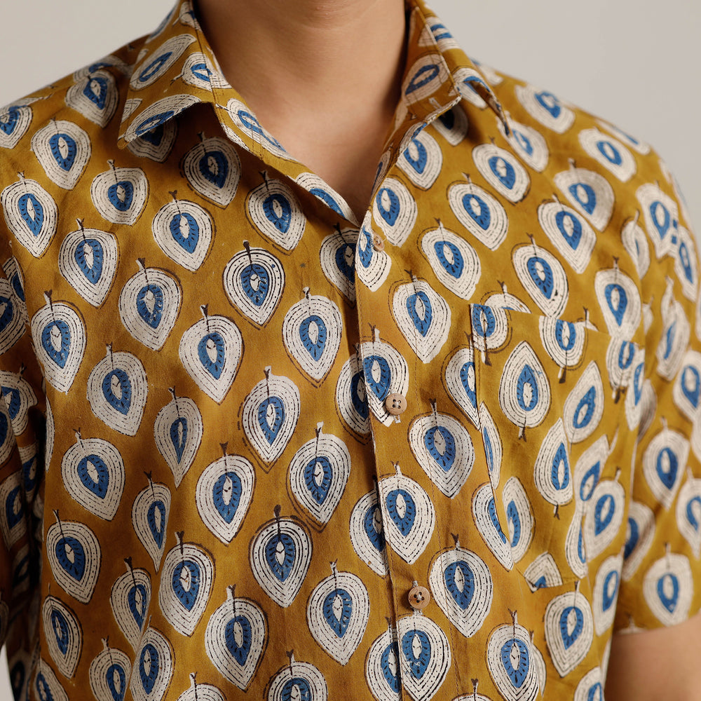 Brown - Bagru Block Printed Cotton Men Half Sleeve Shirt 02