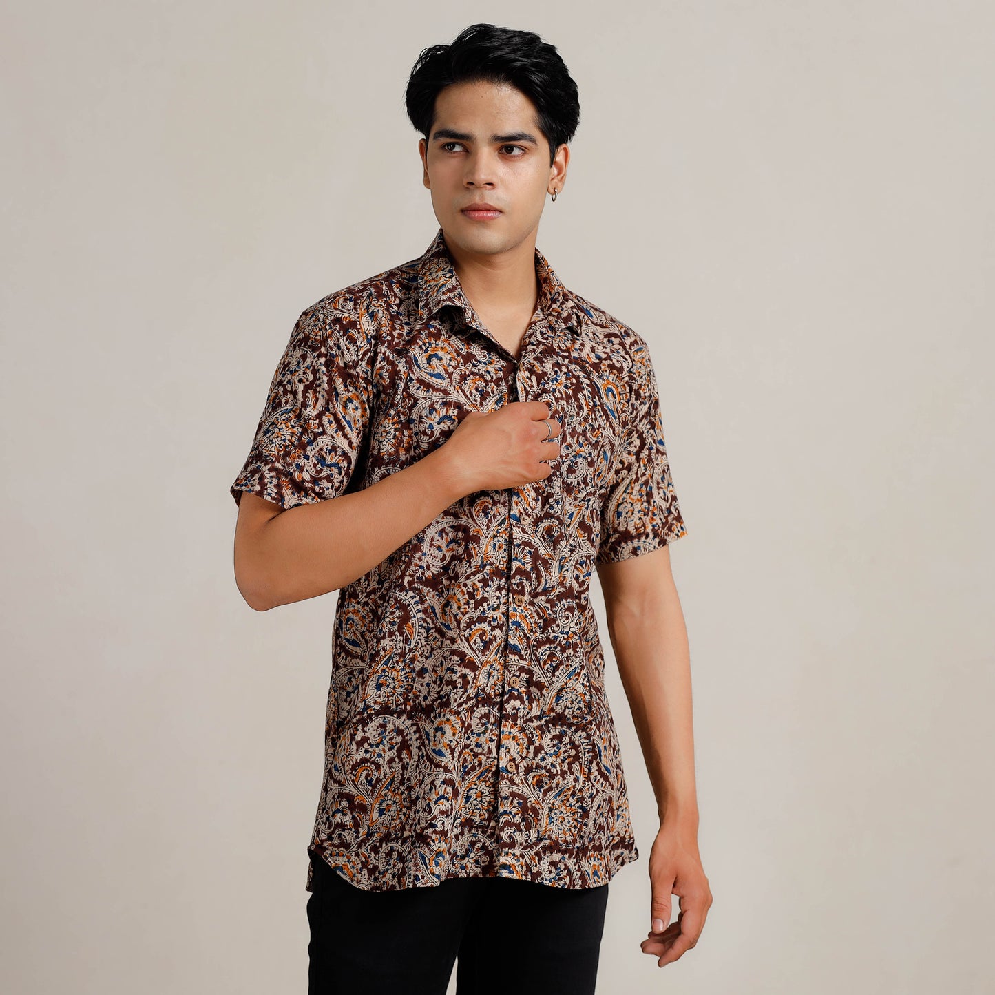 Brown - Kalamkari Block Printed Cotton Men Half Sleeve Shirt 02