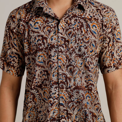 Brown - Kalamkari Block Printed Cotton Men Half Sleeve Shirt 02
