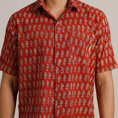 Red - Bagru Block Printed Cotton Men Half Sleeve Shirt 04