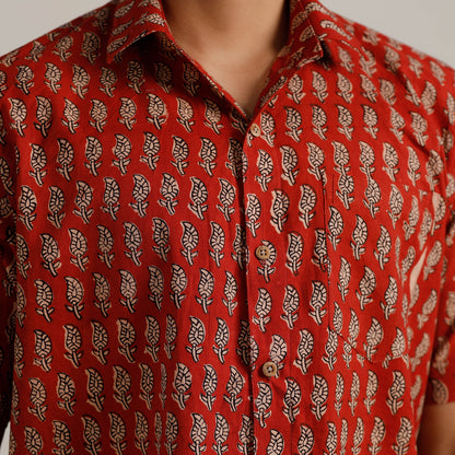 Red - Bagru Block Printed Cotton Men Half Sleeve Shirt 04