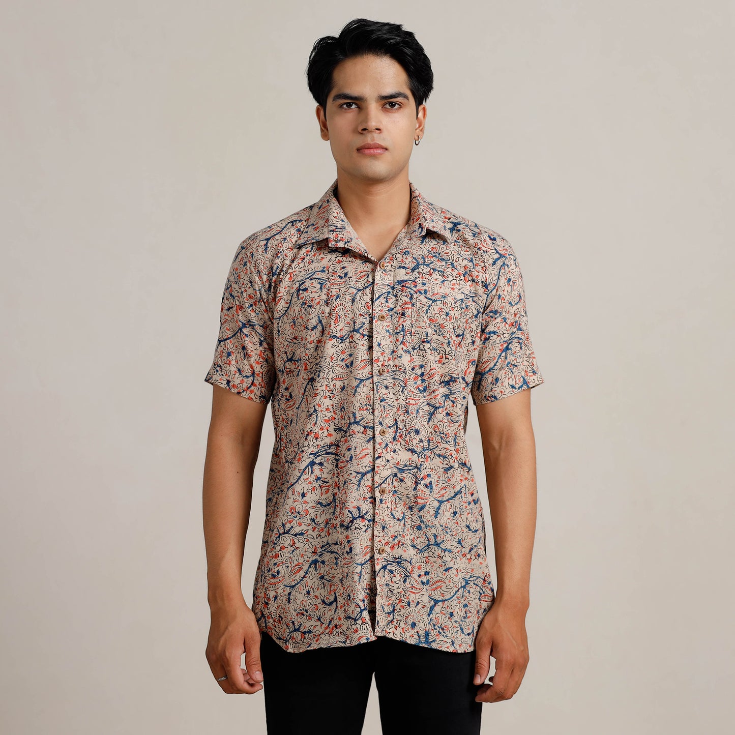 Beige - Kalamkari Block Printed Cotton Men Half Sleeve Shirt 04