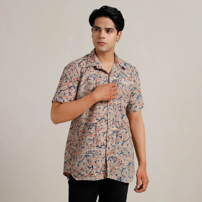Beige - Kalamkari Block Printed Cotton Men Half Sleeve Shirt 04
