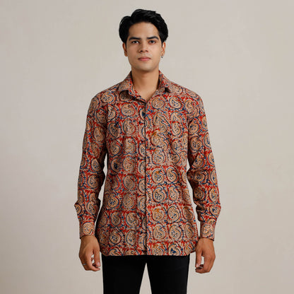 Red - Kalamkari Block Printed Cotton Men Full Sleeve Shirt 06