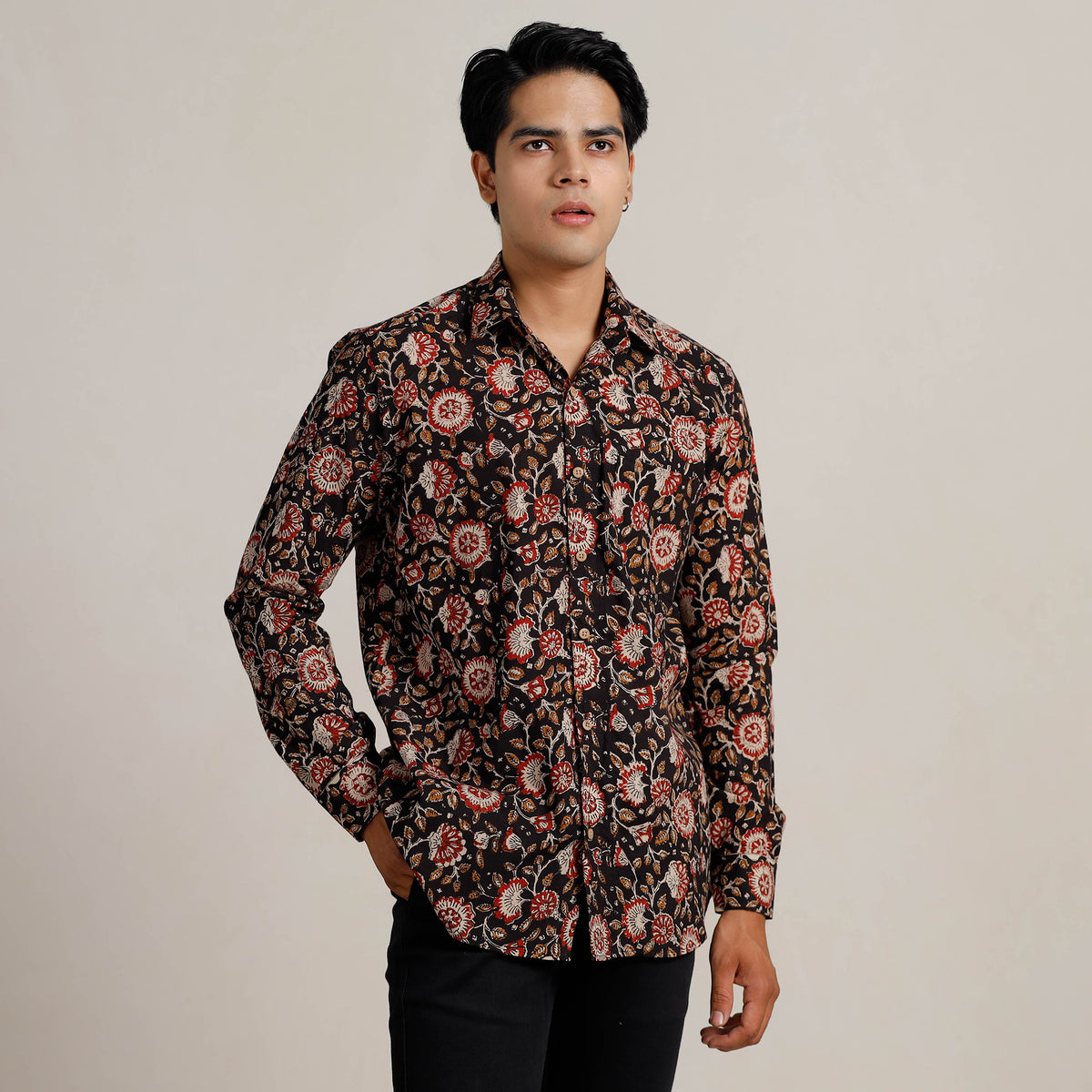 Black - Bagru Block Printed Cotton Men Full Sleeve Shirt 15