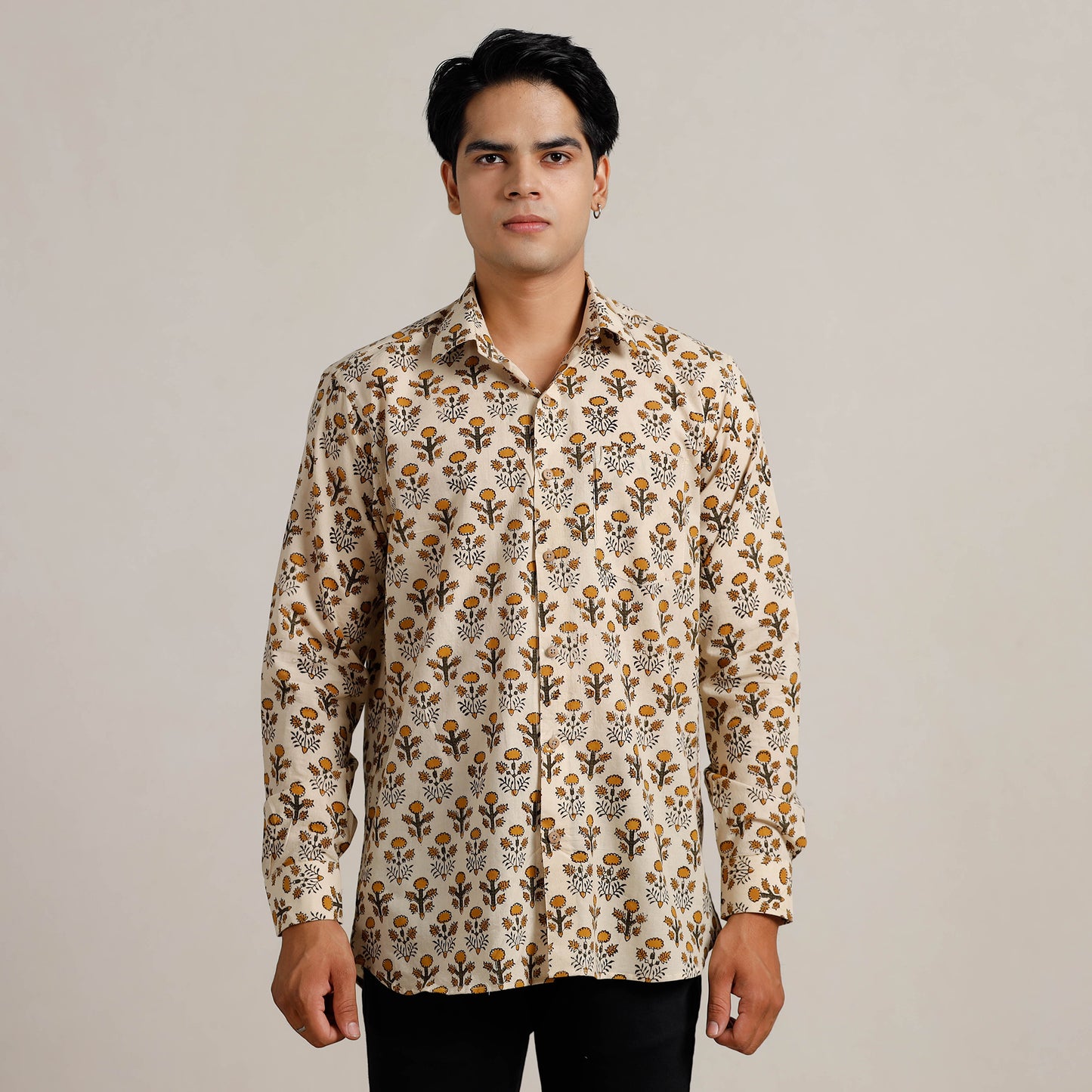 Beige - Bagru Block Printed Cotton Men Full Sleeve Shirt 09