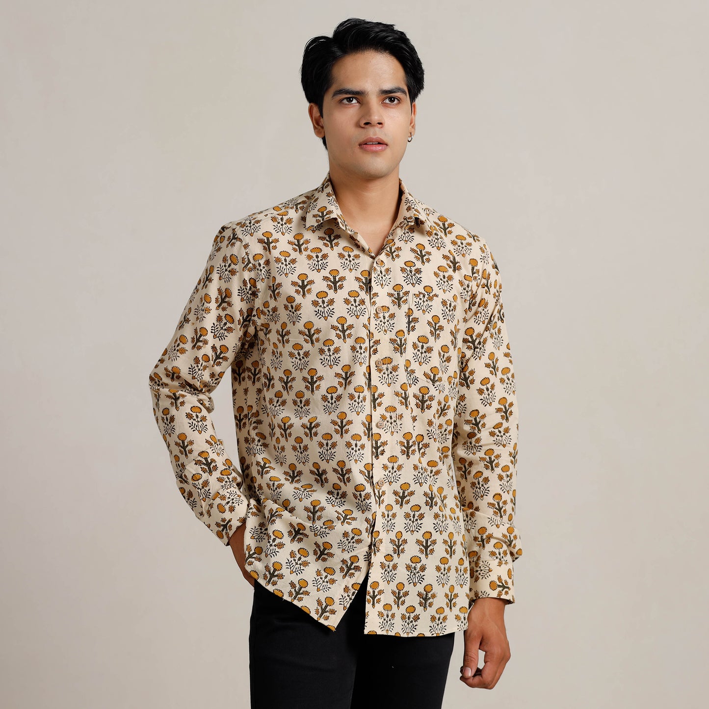 Beige - Bagru Block Printed Cotton Men Full Sleeve Shirt 09