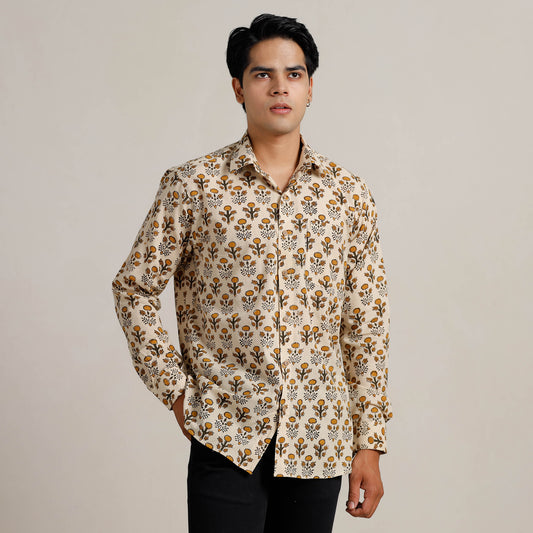 Beige - Bagru Block Printed Cotton Men Full Sleeve Shirt 09