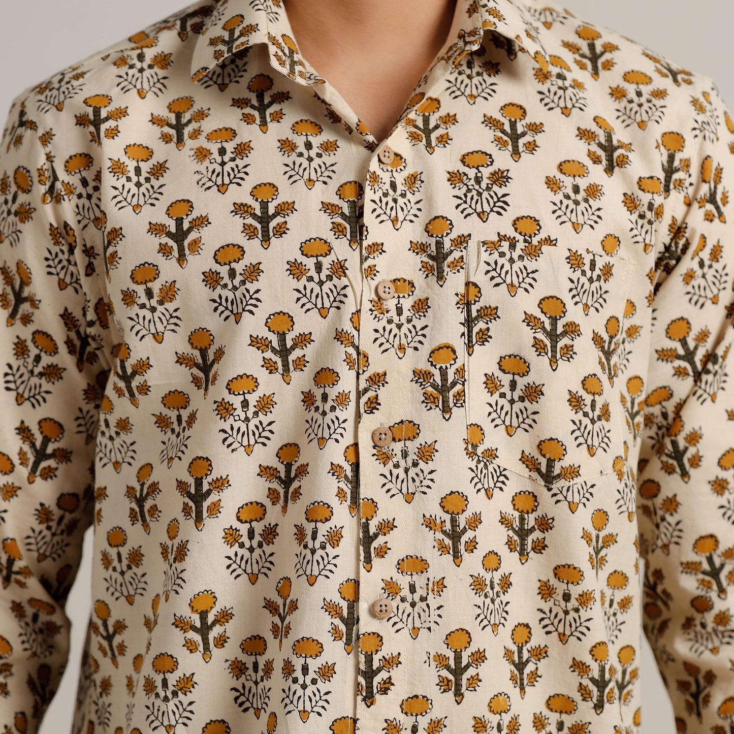 Beige - Bagru Block Printed Cotton Men Full Sleeve Shirt 09