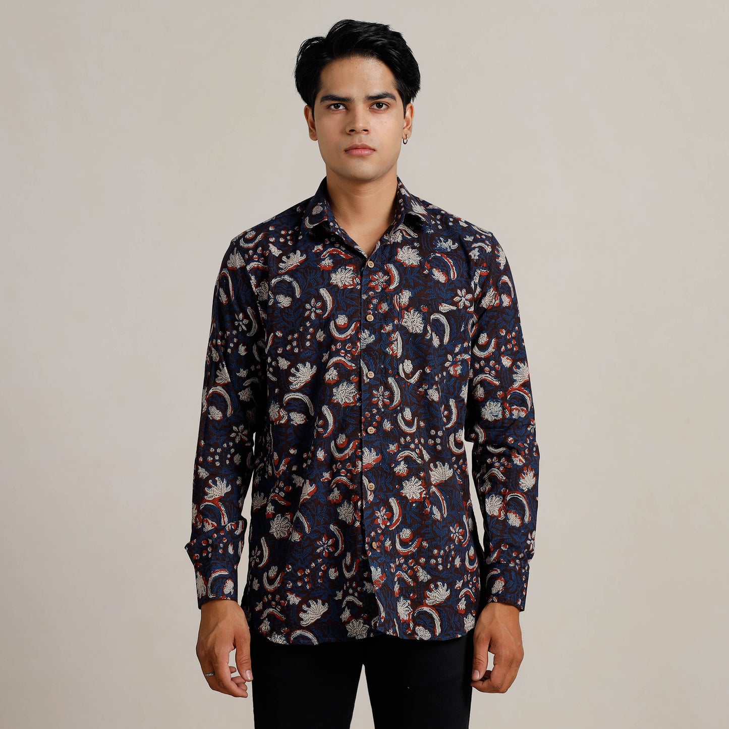 Blue - Bagru Block Printed Cotton Men Full Sleeve Shirt 08