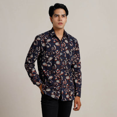 Blue - Bagru Block Printed Cotton Men Full Sleeve Shirt 08