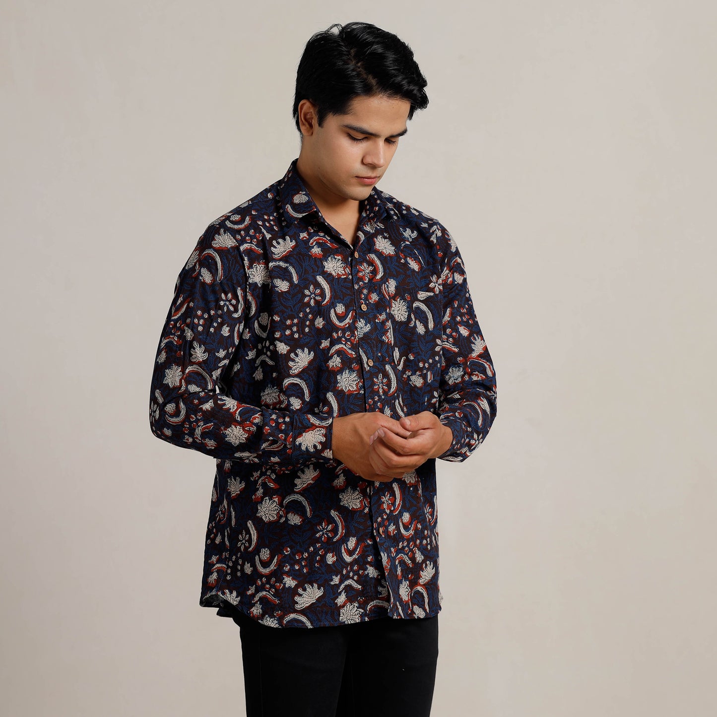 Blue - Bagru Block Printed Cotton Men Full Sleeve Shirt 08