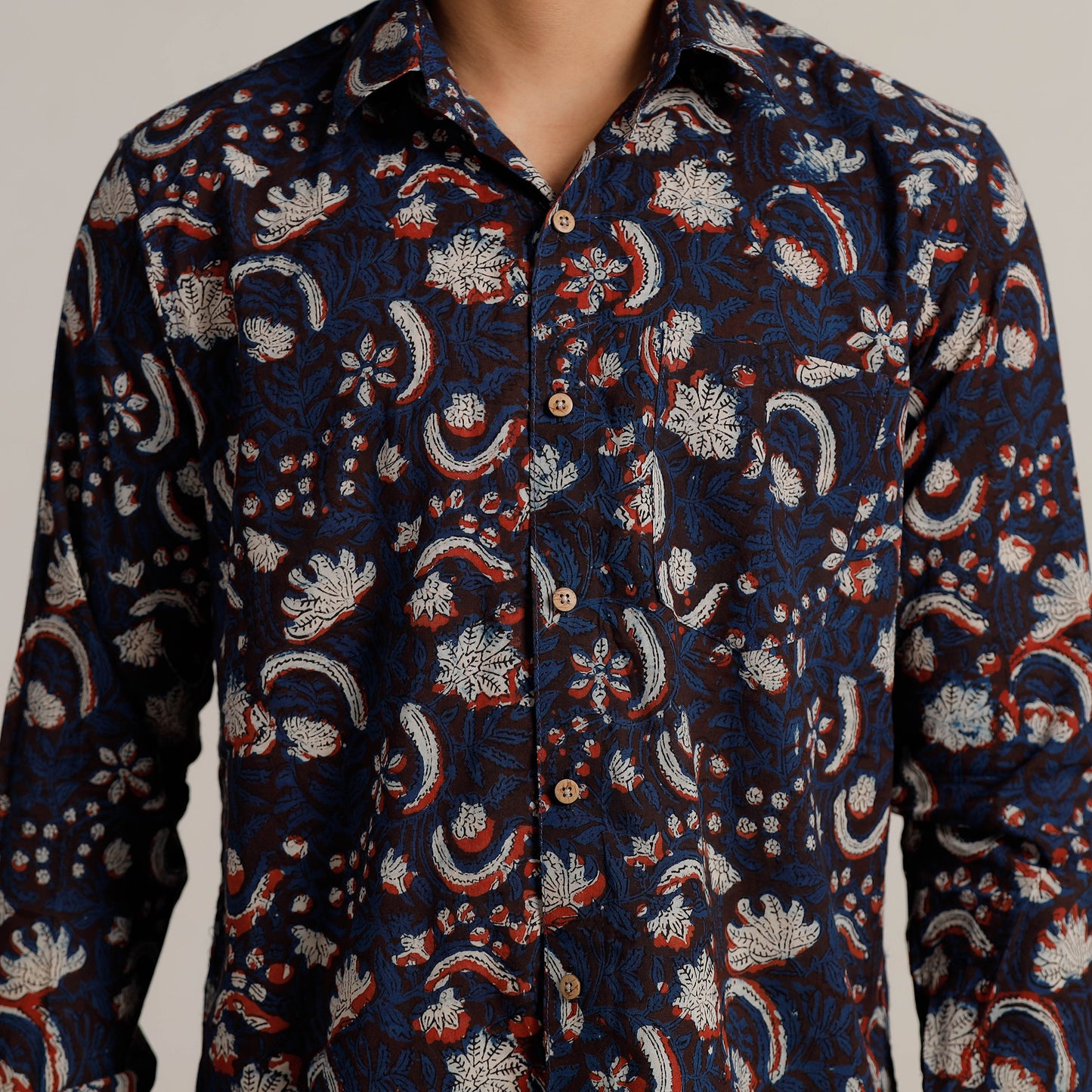 Blue - Bagru Block Printed Cotton Men Full Sleeve Shirt 08