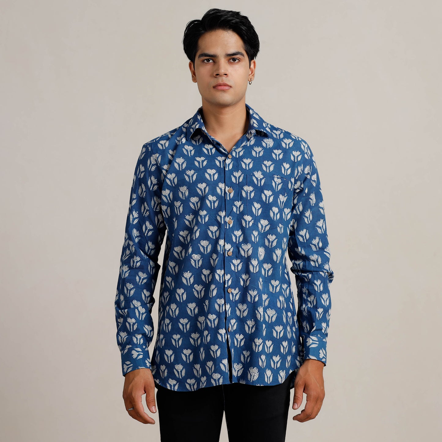 Blue - Bagru Block Printed Cotton Men Full Sleeve Shirt 11