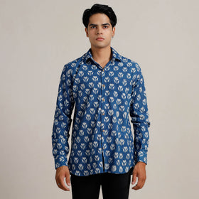 Blue - Bagru Block Printed Cotton Men Full Sleeve Shirt 11