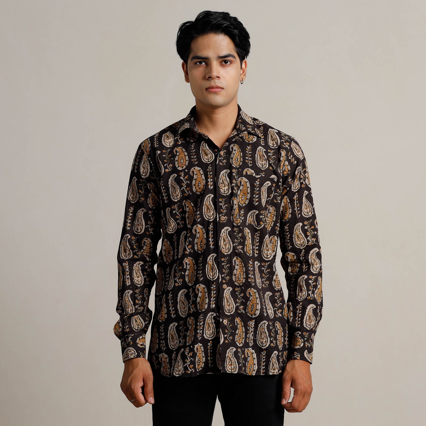 Black - Bagru Block Printed Cotton Men Full Sleeve Shirt 07