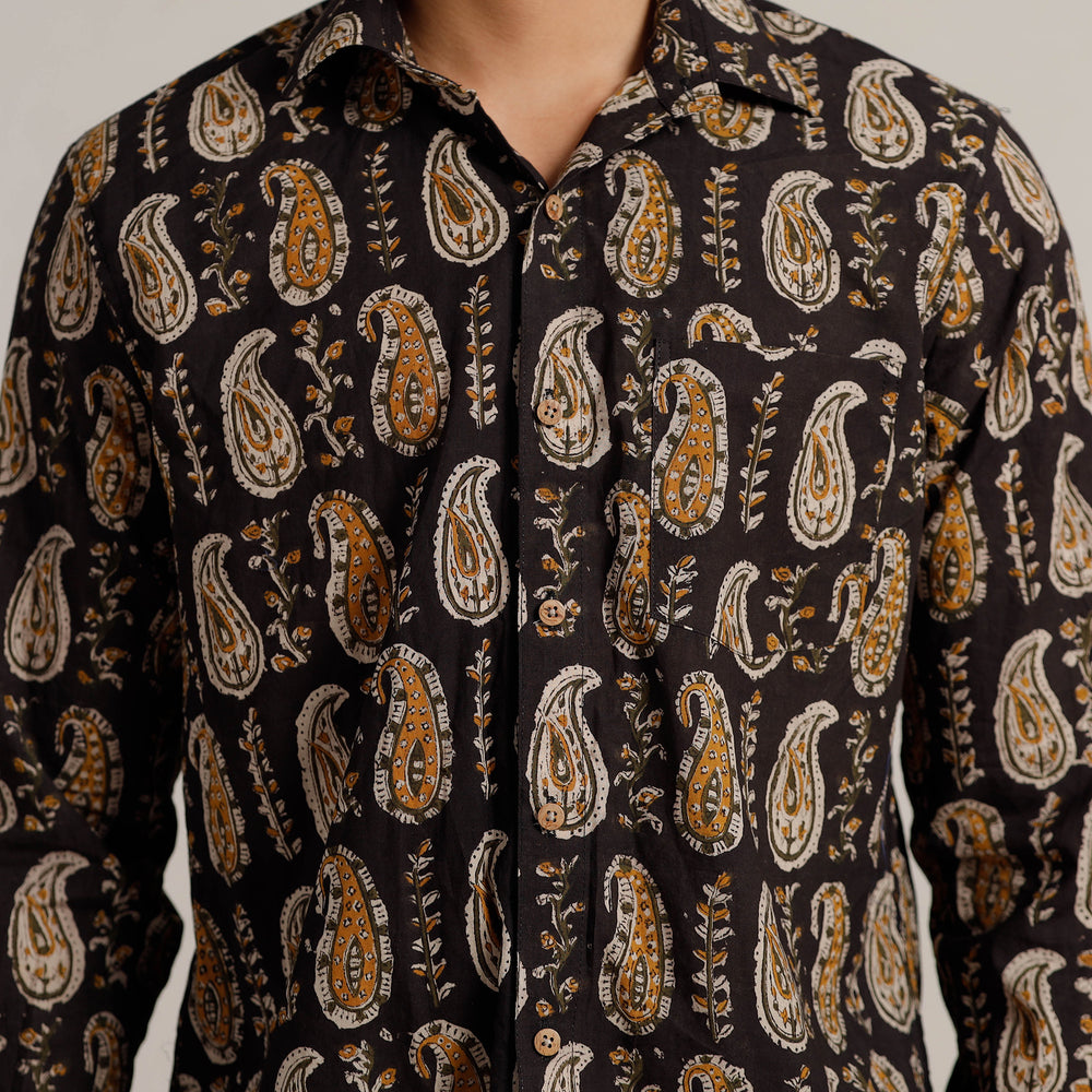 Black - Bagru Block Printed Cotton Men Full Sleeve Shirt 07