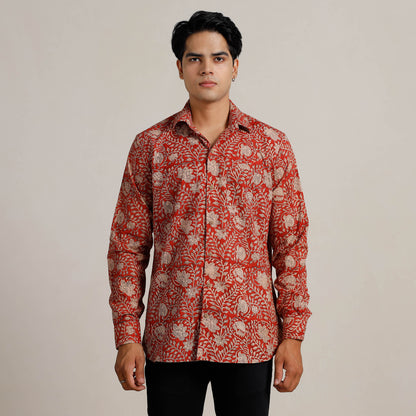 Red - Bagru Block Printed Cotton Men Full Sleeve Shirt 14