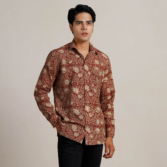 Red - Bagru Block Printed Cotton Men Full Sleeve Shirt 14