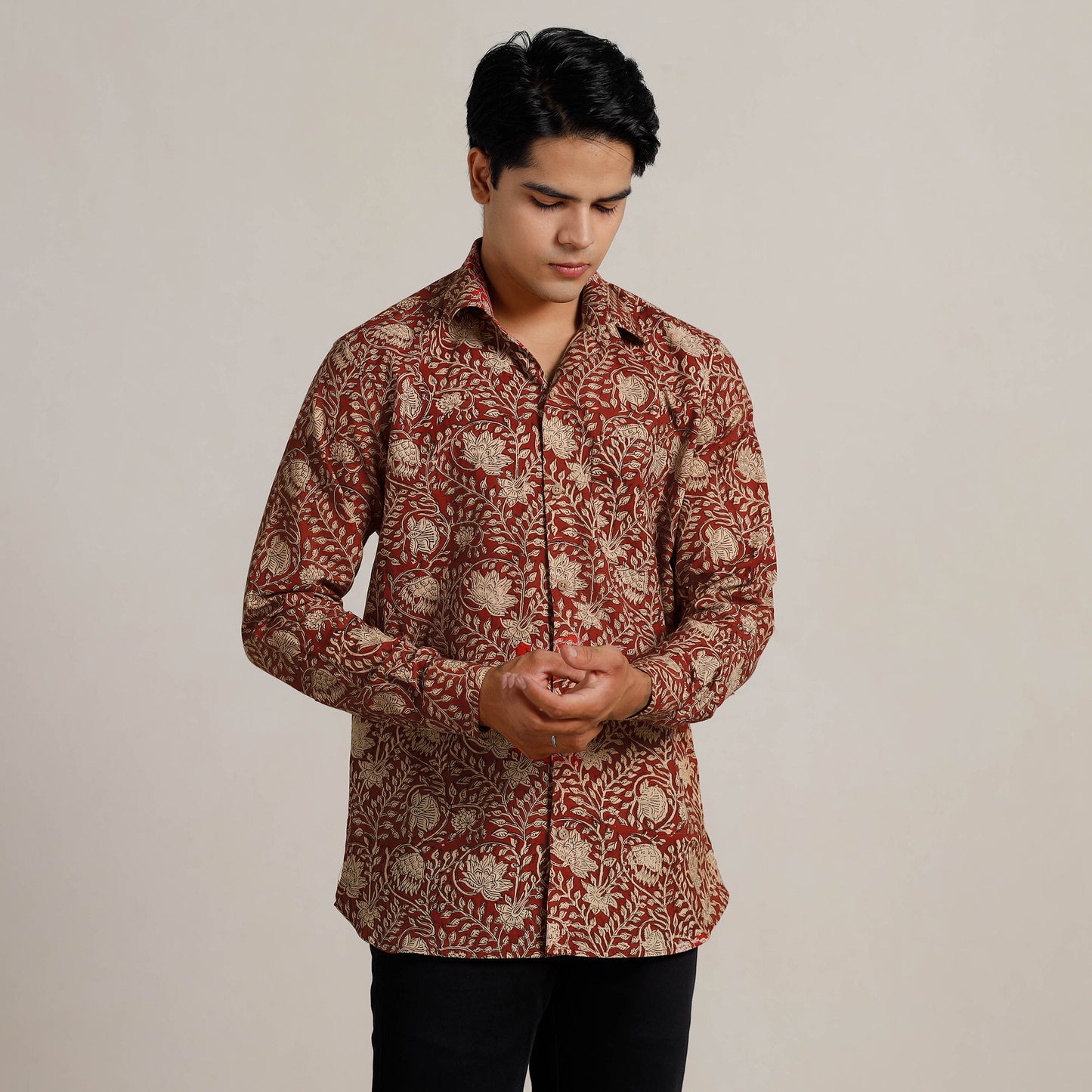 Red - Bagru Block Printed Cotton Men Full Sleeve Shirt 14